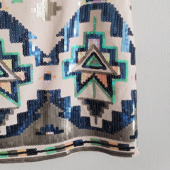Express Mini Skirt Women's XS Tan Multi Sequins Aztec Boho Print Lined - Picture 2 of 7